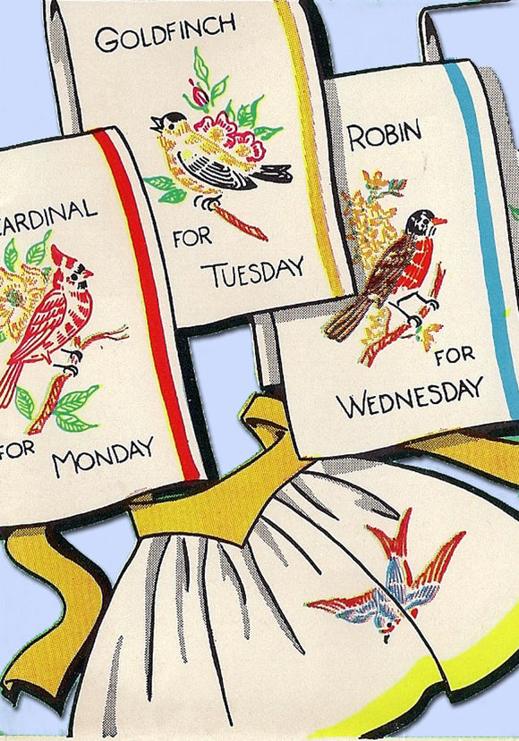 1950s Vintage Vogart Embroidery Transfer 649 Uncut Day O' Week Bird Tea Towels