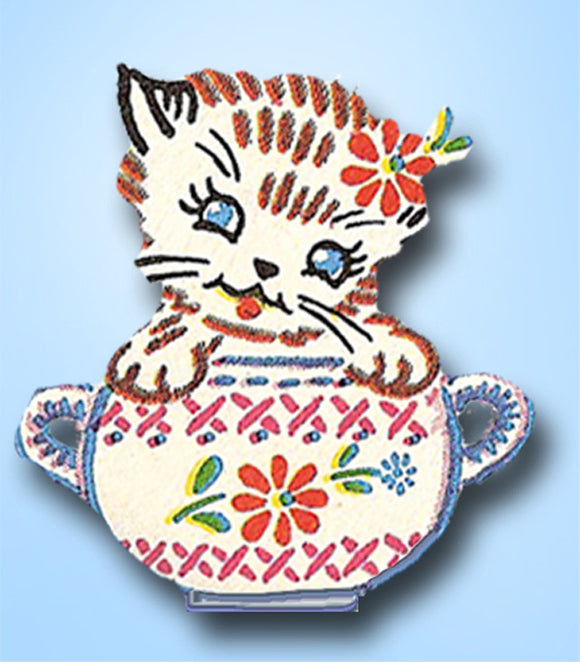 1960s Vintage Vogart Embroidery Transfer 694 Uncut Kitten & Dishes Tea Towels - Vintage4me2