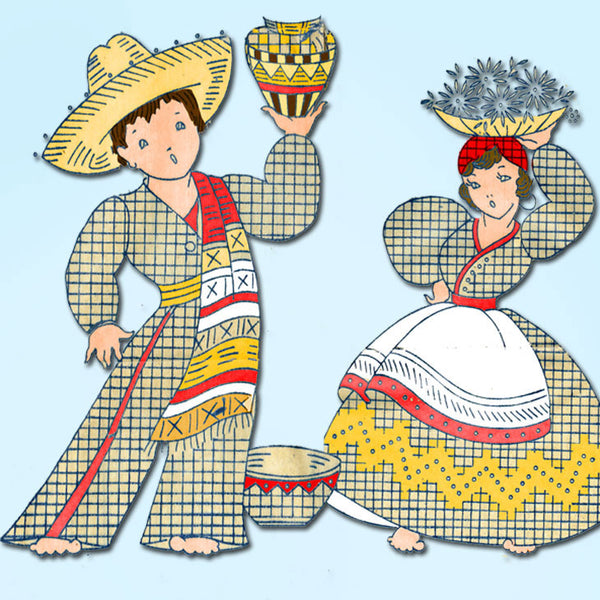 1960s Vintage Vogart 717 Embroidery Transfer Mexican Couple Kitchen Towels FF -Vintage4me2