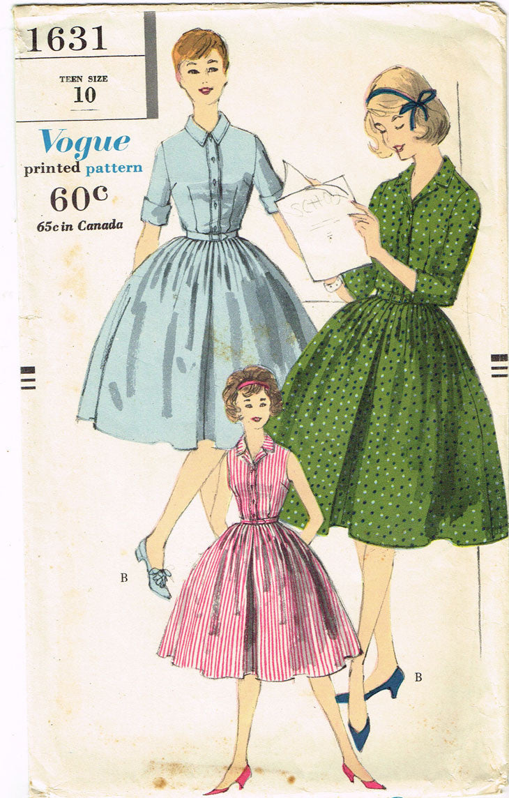 1950s Vintage Vogue Sewing Pattern 1631 Teen Girls Shirtwaist Dress Size 10 30B 1950s Vintage Vogue Sewing Pattern 1631 Teen Girls Shirtwaist Dress Size 10 30B