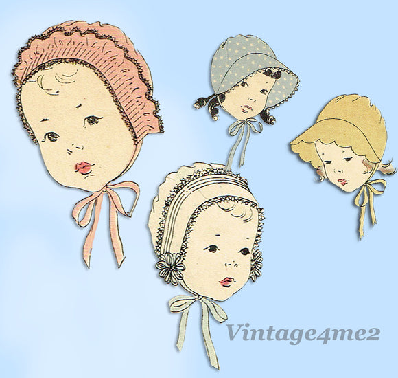 Vogue 2184: 1930s Set of Toddler Bonnets Sz 15 Inch Head Vintage Sewing Pattern - Vintage4me2