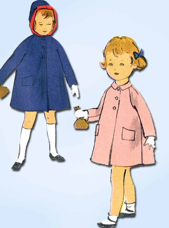 1950s Vintage Vogue Sewing Pattern 2757 Cute Toddler Girls Hooded Coat Size 4