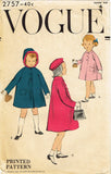 1950s Vintage Vogue Sewing Pattern 2757 Cute Toddler Girls Hooded Coat Size 4