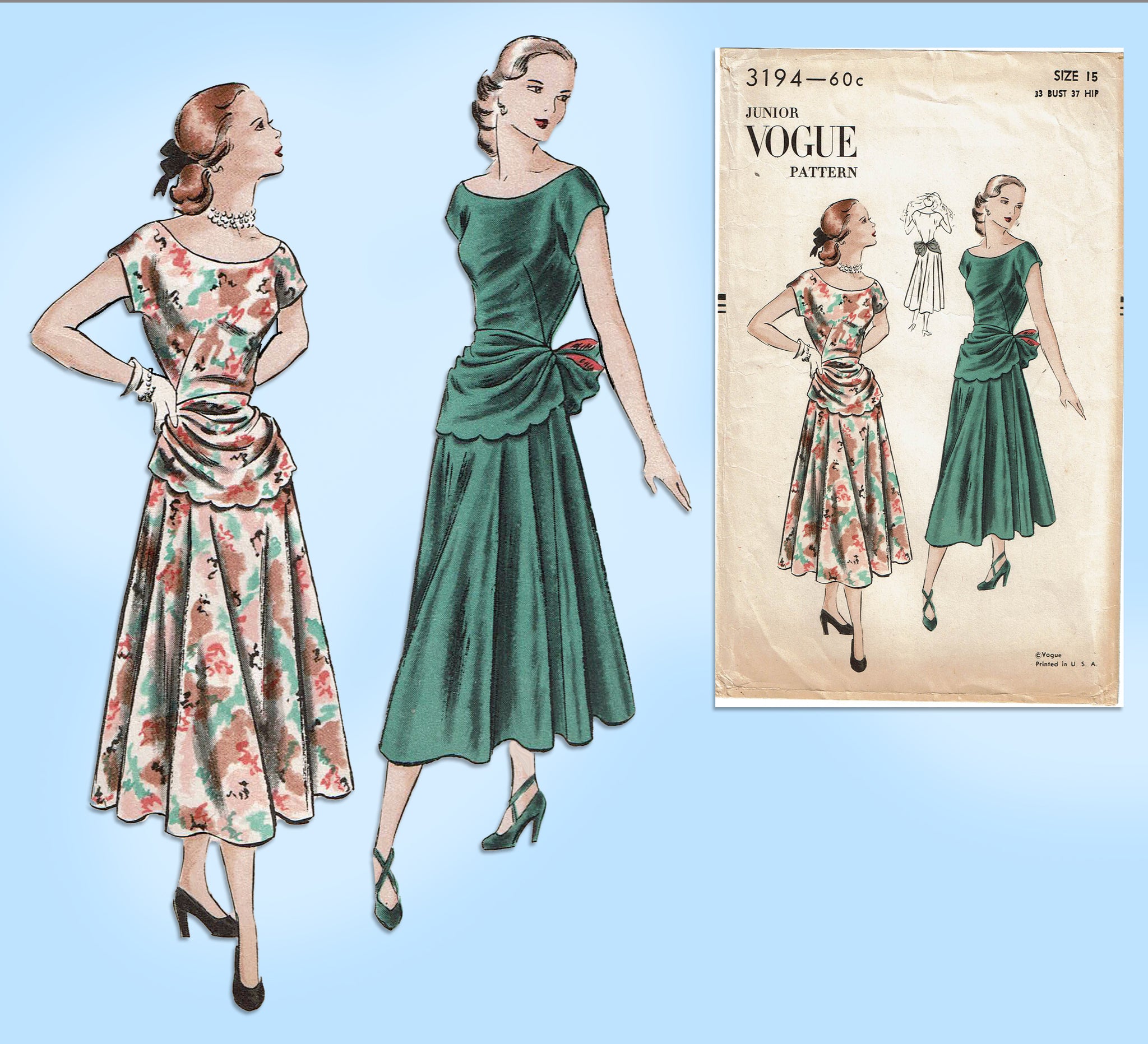 1940s Vintage Vogue Sewing Pattern 3194 Misses Cocktail Dress 33 Bust –  Vintage4me2