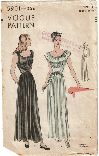 1940s Vintage Vogue Sewing Pattern 5901 Stunning MIsses Nightgown Size 30 B