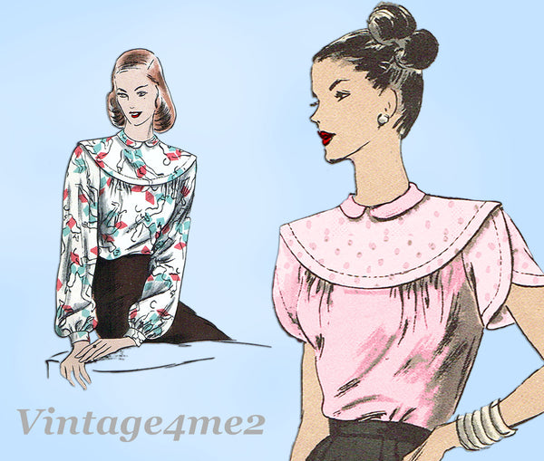 Vogue 6036: 1940s Misses Back Button Blouse Sz 30 B Vintage Sewing Pattern