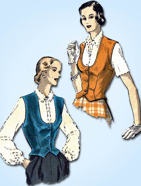 1940s Vintage Vogue Sewing Pattern 6555 Misses Weskit Vest Size 34B