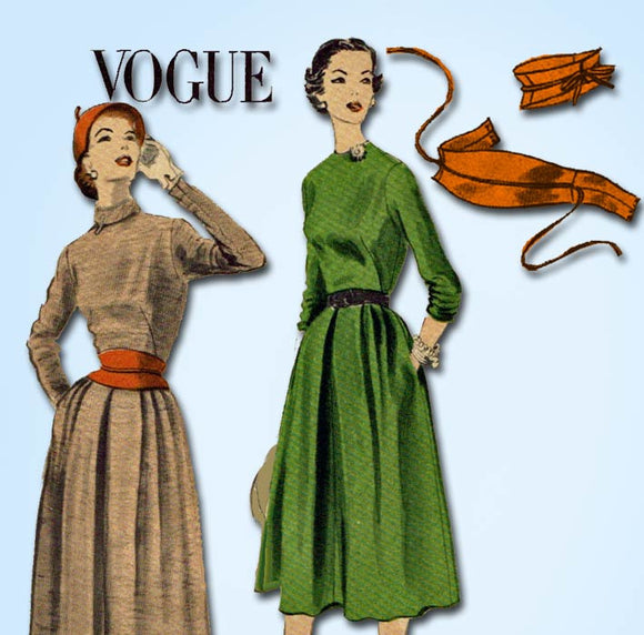 1950s Vintage Vogue Sewing Pattern 7492 Uncut Misses Dramatic Belt & Dress 32 B