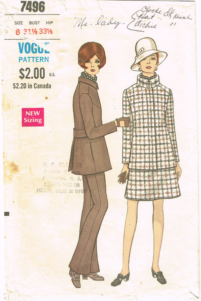 1960s Vintage Vogue Sewing Pattern 7496 Uncut Misses Pants Suiit Sz 31.5 Bust